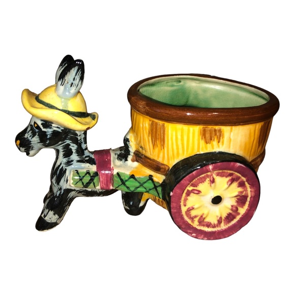 made in Japan Accents Vintage 95s Planter Donkey Pulling Cart Hand Painted Made In Japan